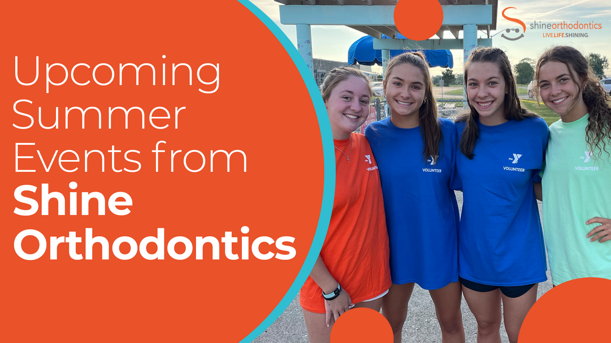 Group of YMCA volunteers smiling with text "Upcoming Summer Events from Shine Orthodontics" 